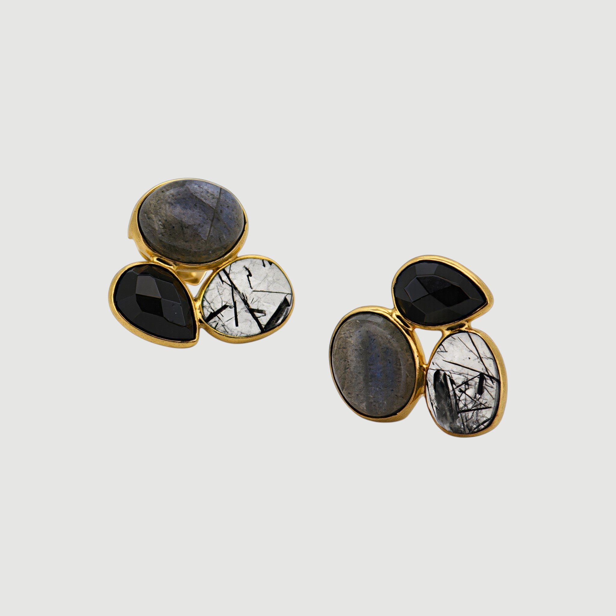 Amara Jewels gold-plated sterling silver cluster stud earrings with labradorite, black onyx, and tourmaline quartz.