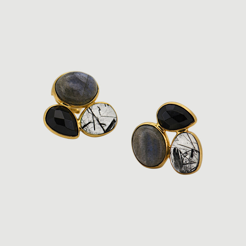 Amara Jewels gold-plated sterling silver cluster stud earrings with labradorite, black onyx, and tourmaline quartz.