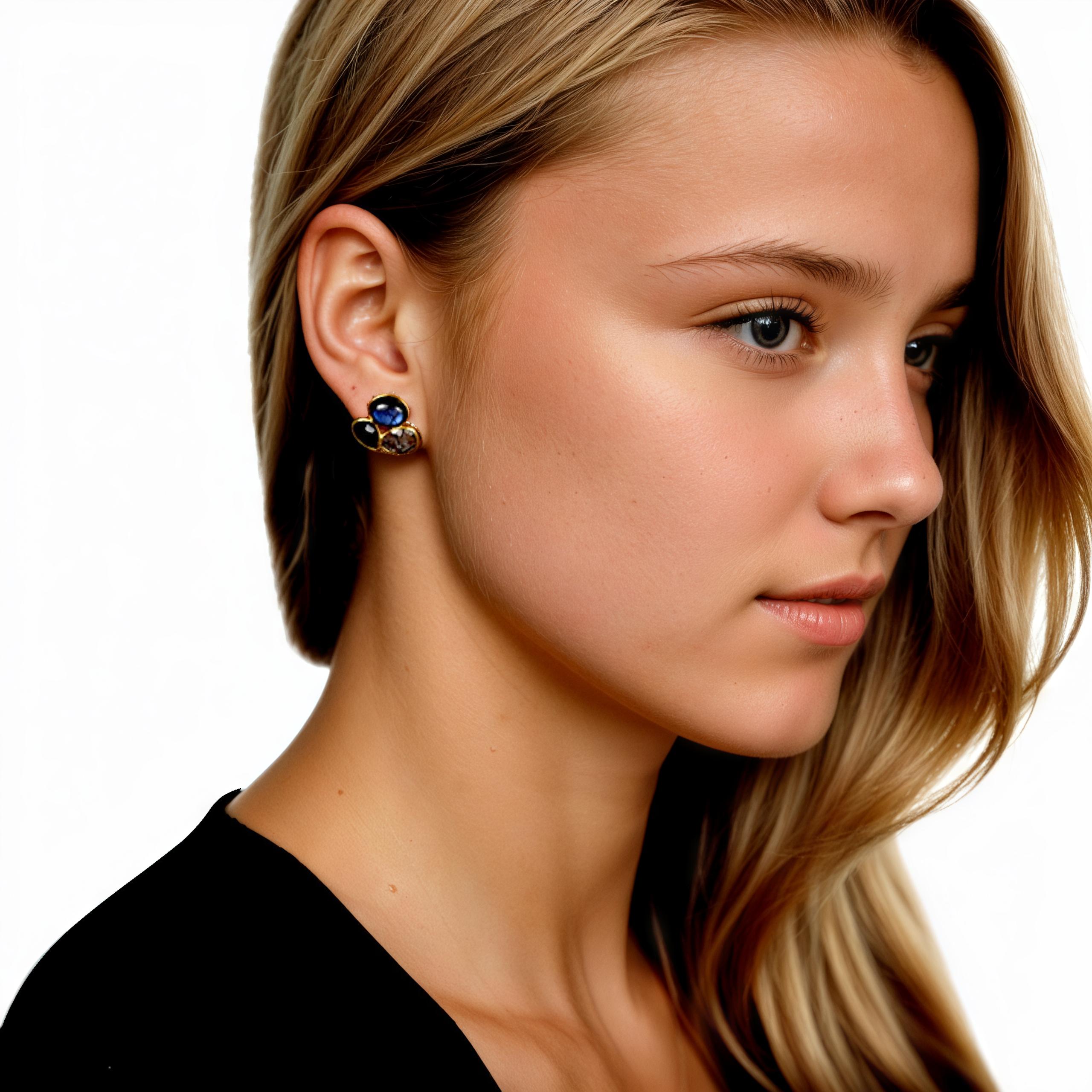 Amara Jewels gold-plated sterling silver cluster stud earrings with labradorite, black onyx, and tourmaline quartz.