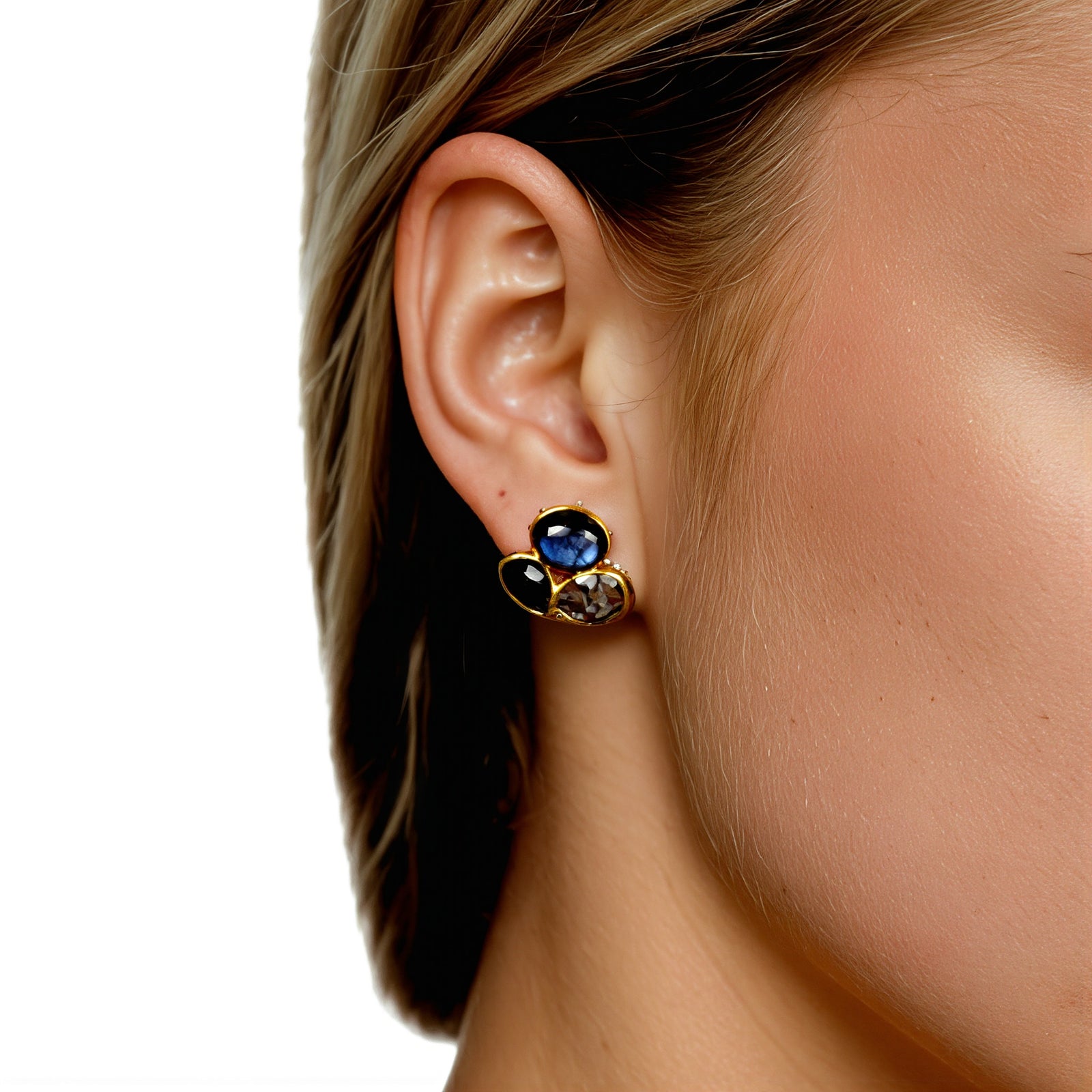 Amara Jewels gold-plated sterling silver cluster stud earrings with labradorite, black onyx, and tourmaline quartz.