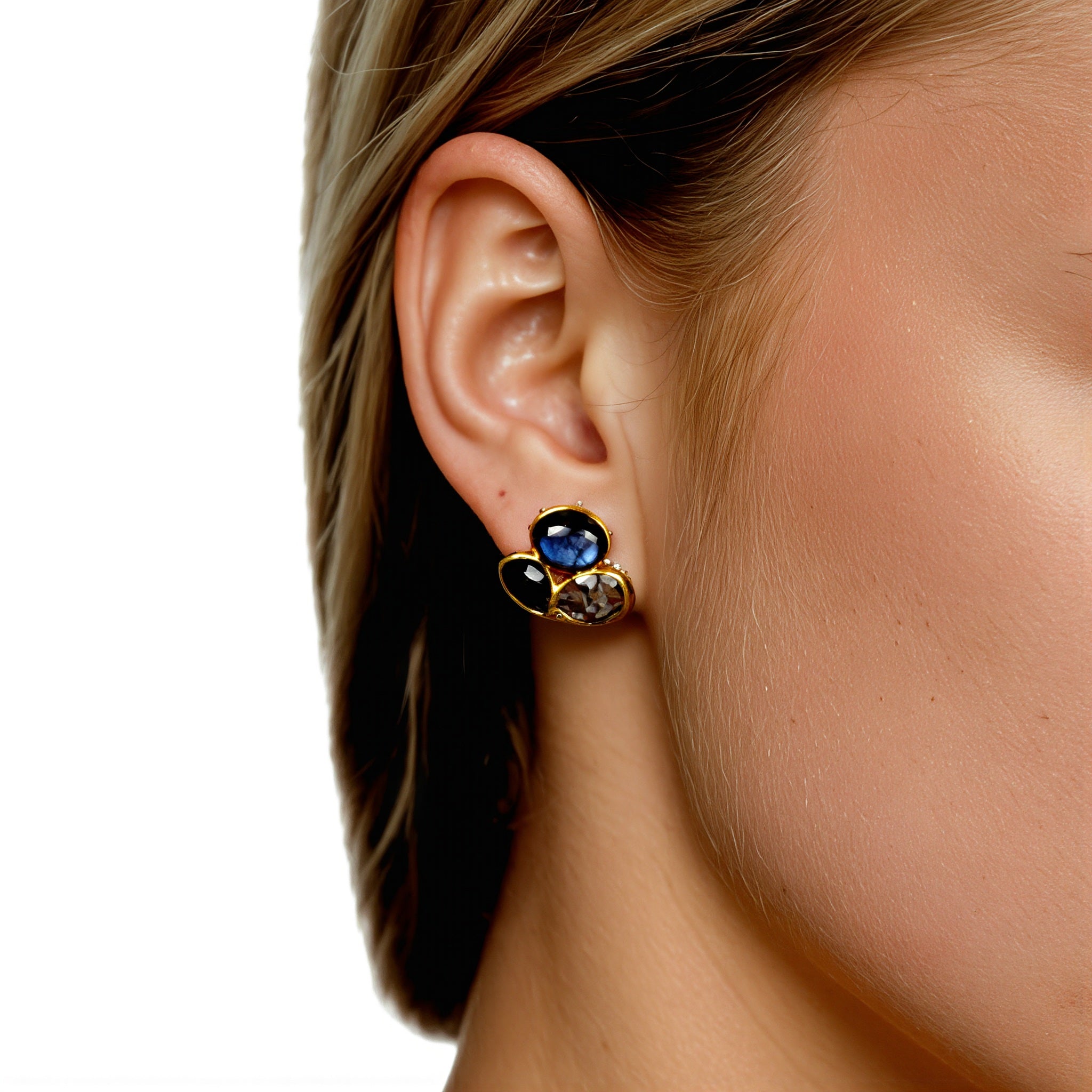 Amara Jewels gold-plated sterling silver cluster stud earrings with labradorite, black onyx, and tourmaline quartz.