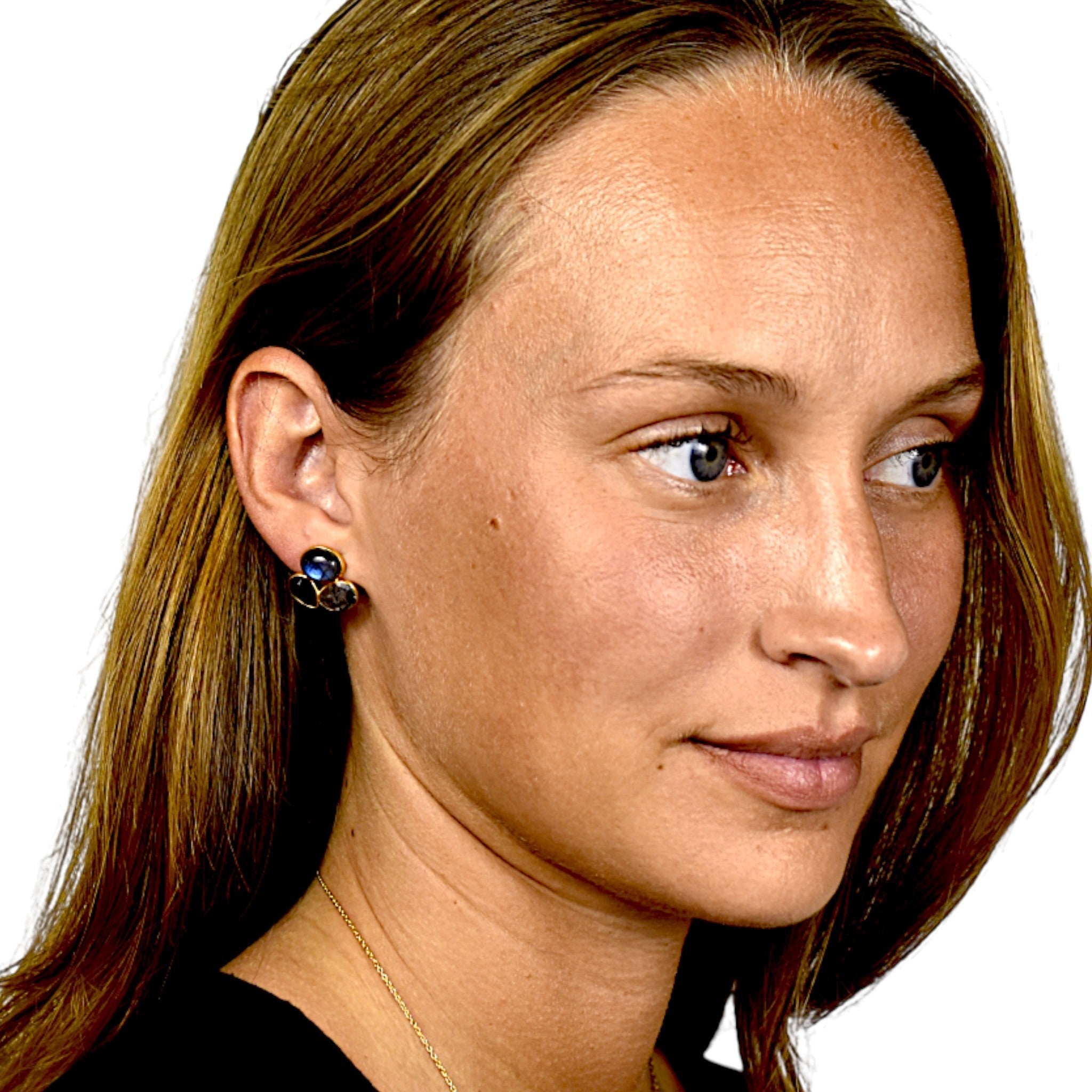 Amara Jewels gold-plated sterling silver cluster stud earrings with labradorite, black onyx, and tourmaline quartz.