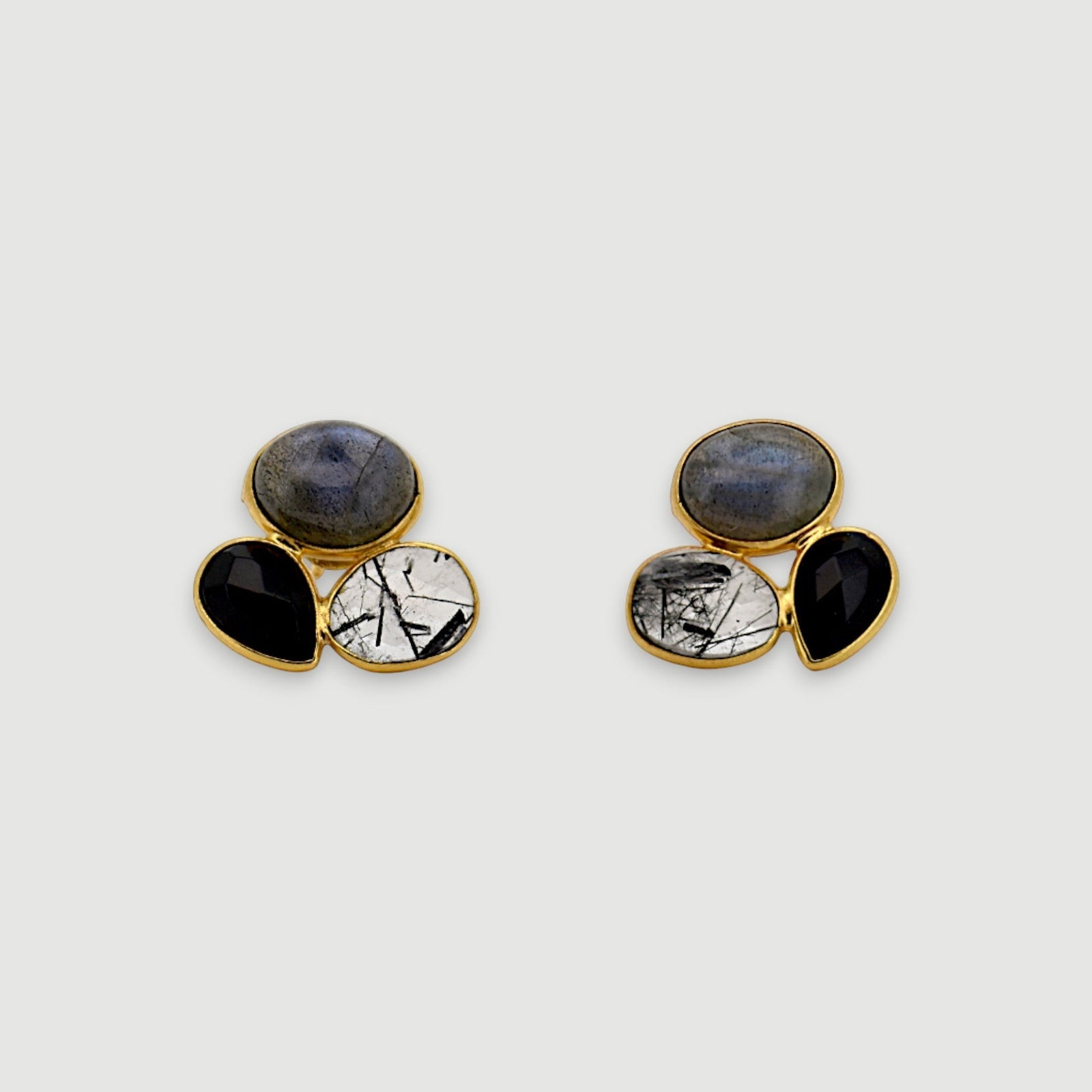Amara Jewels gold-plated sterling silver cluster stud earrings with labradorite, black onyx, and tourmaline quartz.