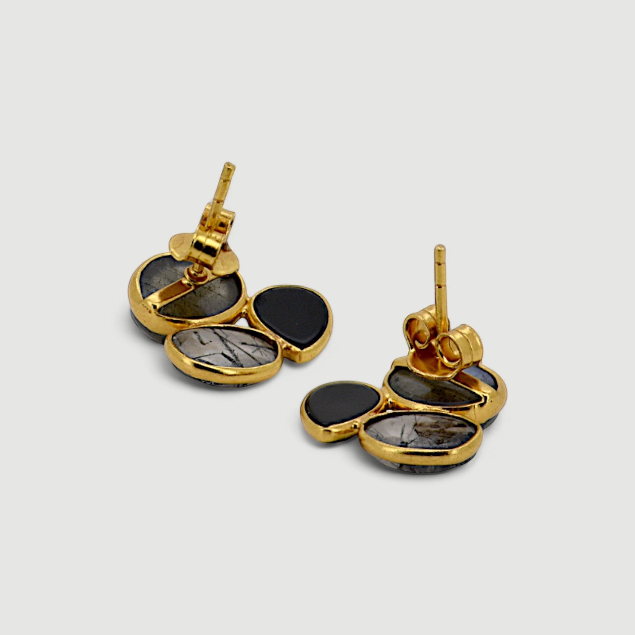 Amara Jewels gold-plated sterling silver cluster stud earrings with labradorite, black onyx, and tourmaline quartz.