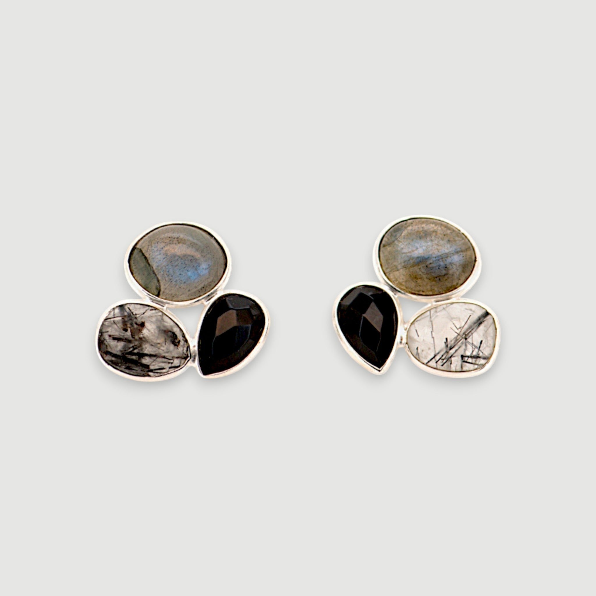 Amara Jewels cluster stud earrings with labradorite, black onyx, and tourmalinated quartz in sterling silver.