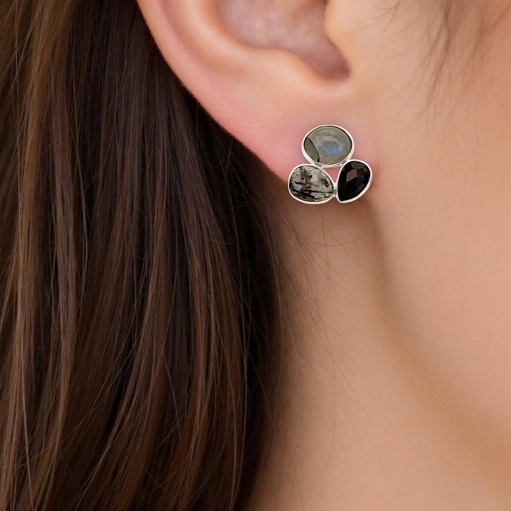 Amara Jewels cluster stud earrings with labradorite, black onyx, and tourmalinated quartz in sterling silver.
