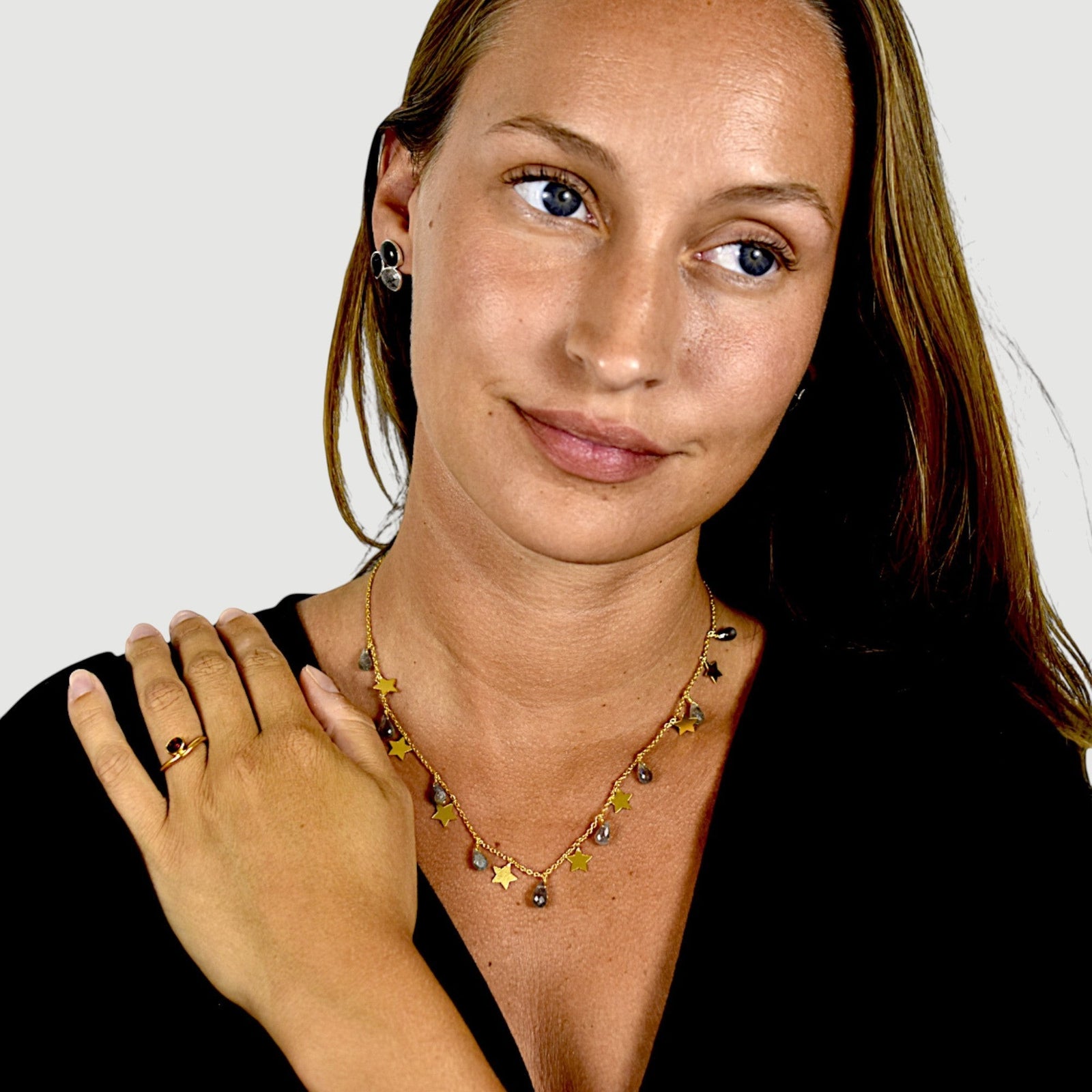 Amara Jewels cluster stud earrings with labradorite, black onyx, and tourmalinated quartz in sterling silver.