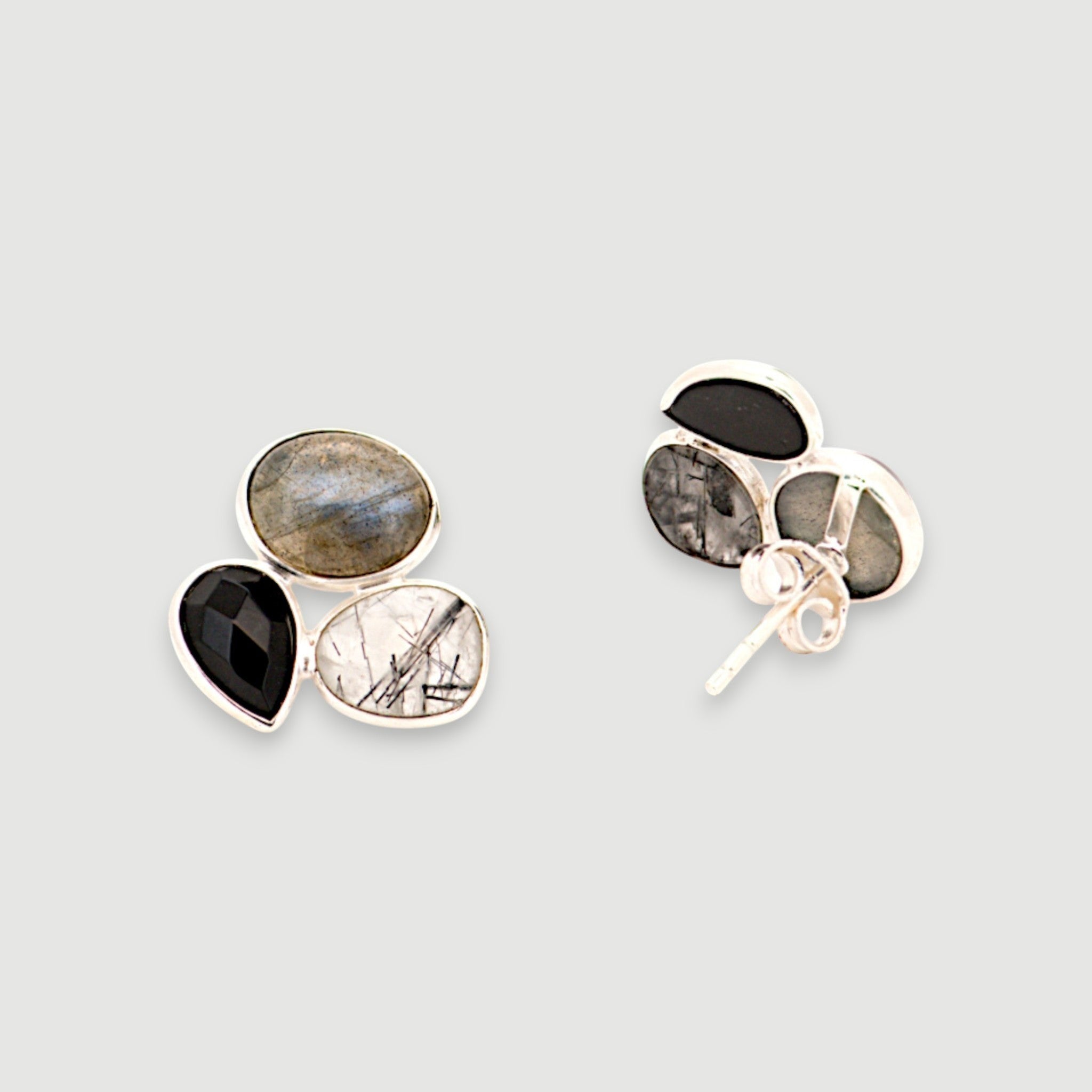 Amara Jewels cluster stud earrings with labradorite, black onyx, and tourmalinated quartz in sterling silver.