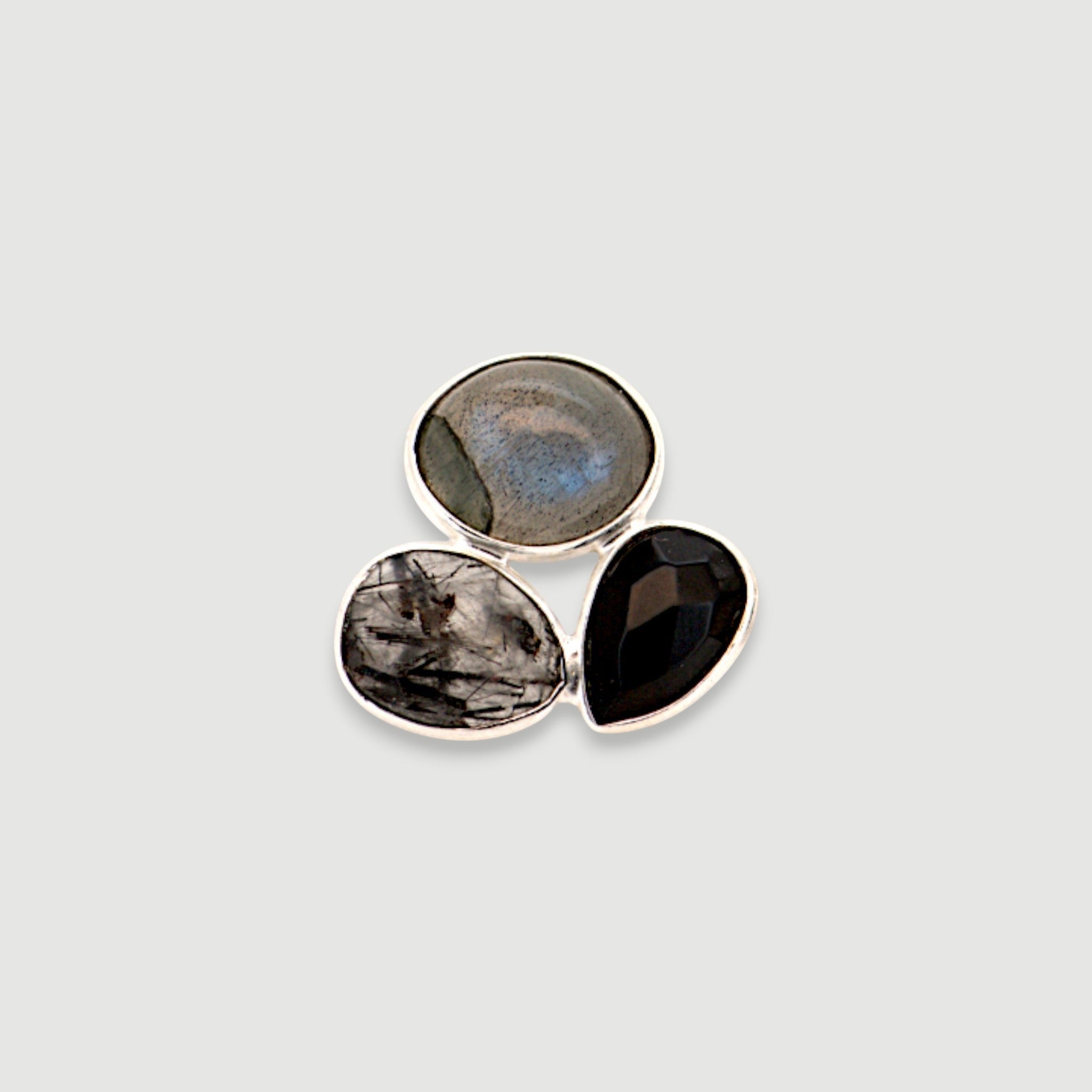 Amara Jewels cluster stud earrings with labradorite, black onyx, and tourmalinated quartz in sterling silver.