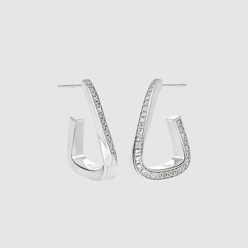 Amara Jewels Sterling Silver Geometric Crystal Hoop Earrings with sparkling crystals on the front edge.