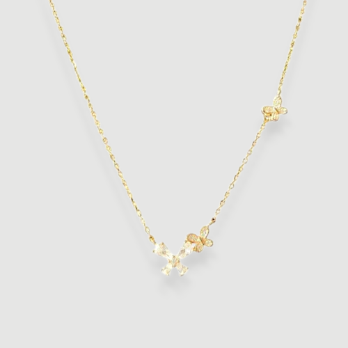 Amara Jewels gold-tone sterling silver necklace with cubic zirconia butterfly and floral accents.