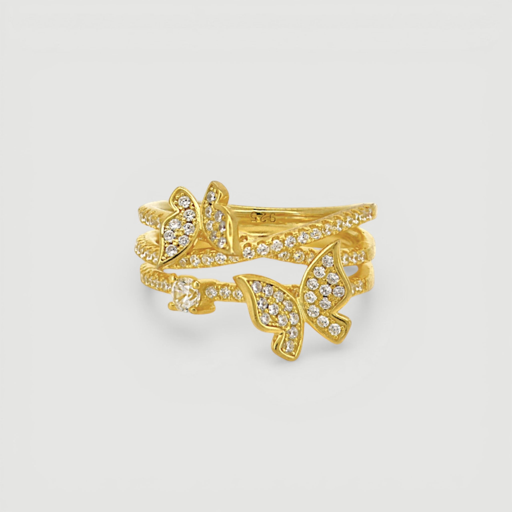 Amara Jewels gold-tone 925 sterling silver ring with cubic zirconia encrusted butterfly and leaf motifs.