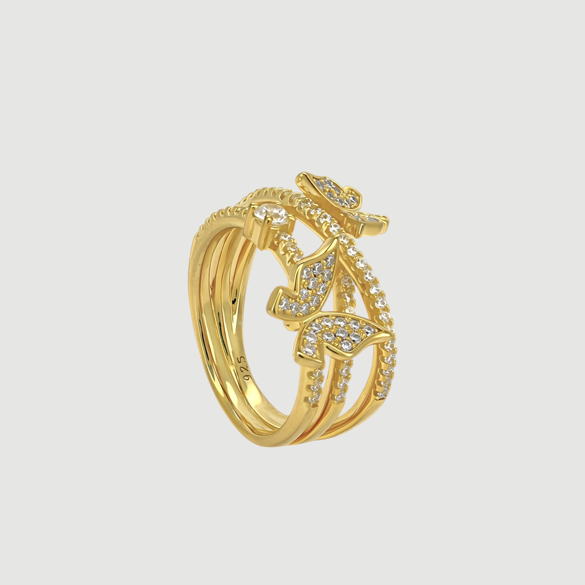 Amara Jewels gold-tone 925 sterling silver ring with cubic zirconia encrusted butterfly and leaf motifs.