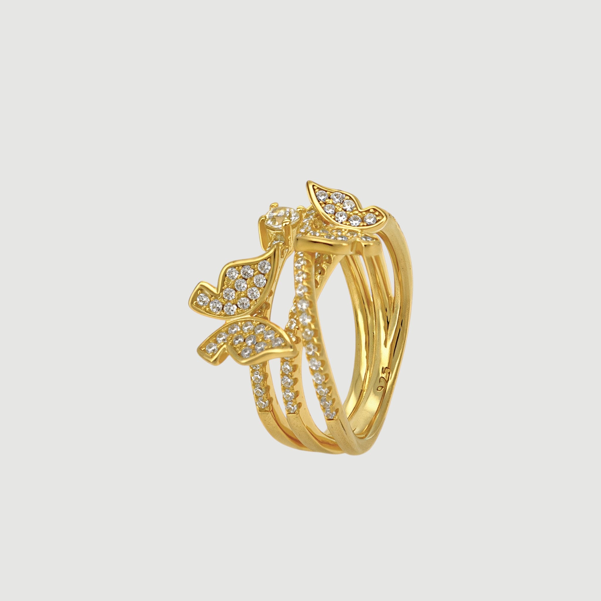 Amara Jewels gold-tone 925 sterling silver ring with cubic zirconia encrusted butterfly and leaf motifs.