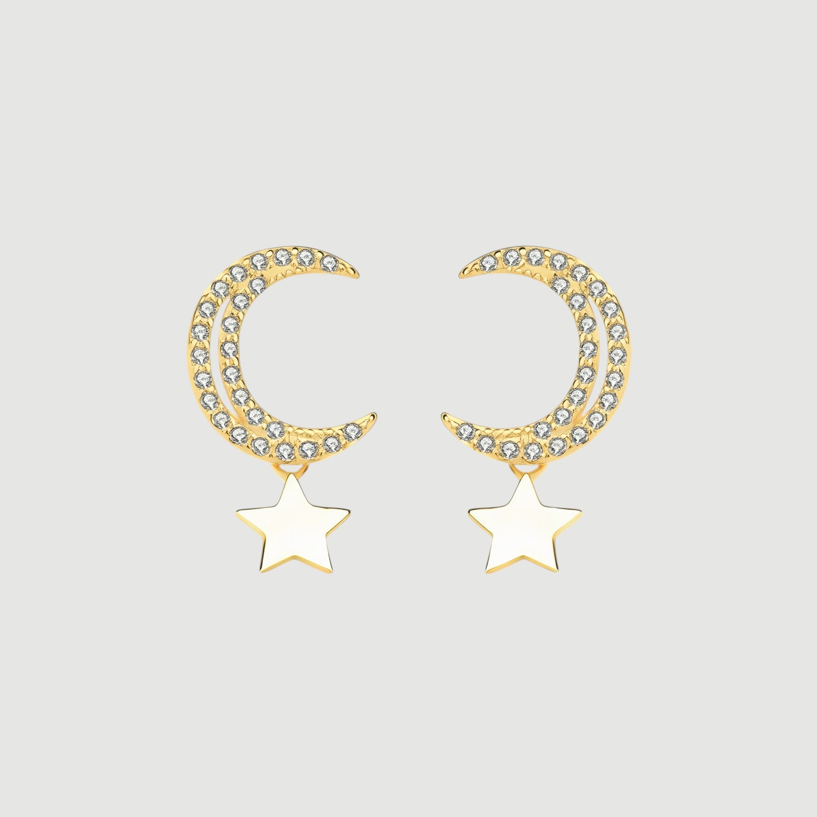 Amara Jewels gold-plated sterling silver crescent moon earrings with cubic zirconia and dangling star charm.