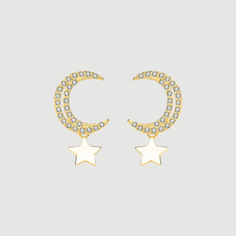 Amara Jewels gold-plated sterling silver crescent moon earrings with cubic zirconia and dangling star charm.