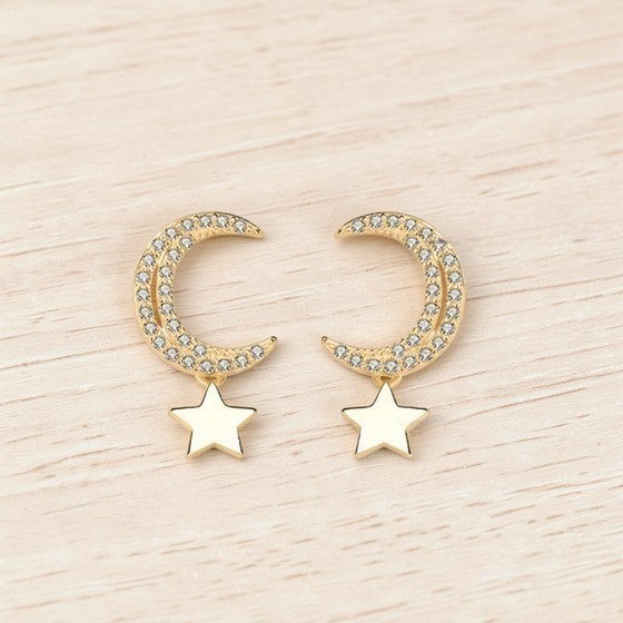 Amara Jewels gold-plated sterling silver crescent moon earrings with cubic zirconia and dangling star charm.