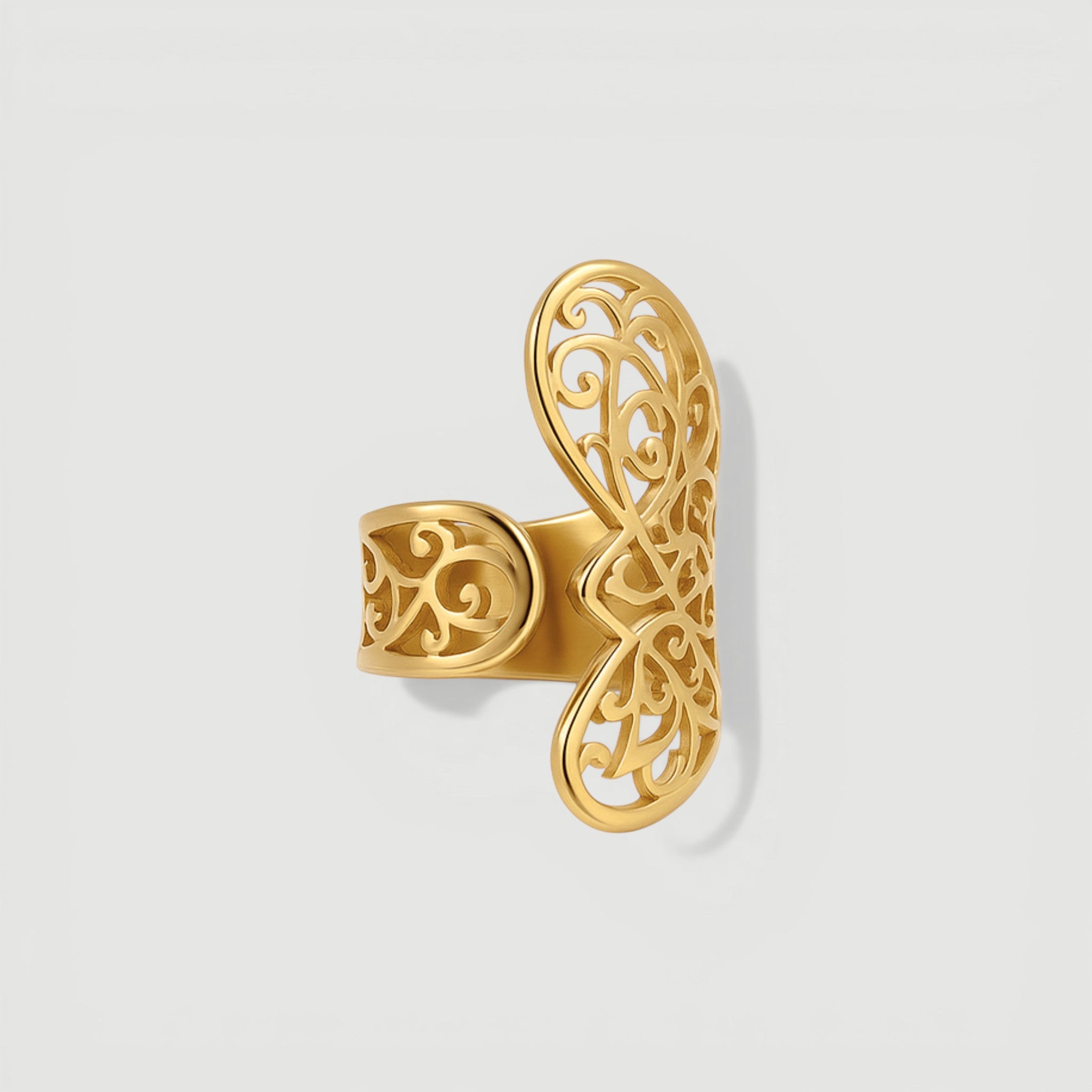 Amara Jewels gold filigree statement ring with ornate scrollwork, 18K gold vermeil over sterling silver.