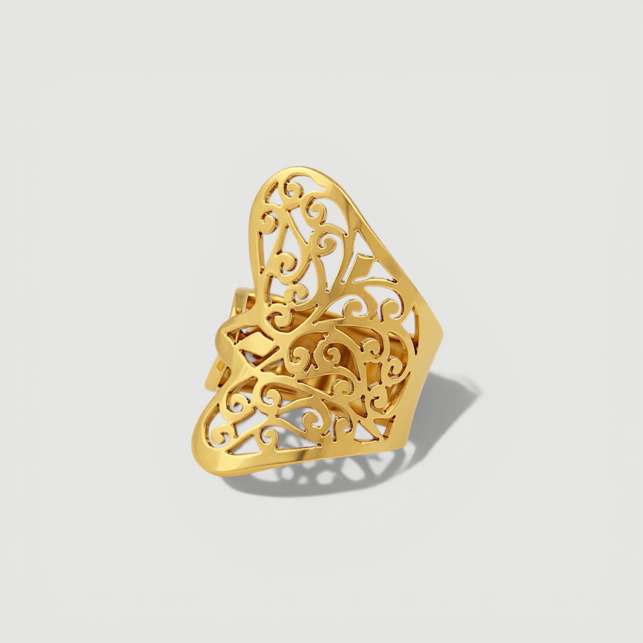 Amara Jewels gold filigree statement ring with ornate scrollwork, 18K gold vermeil over sterling silver.