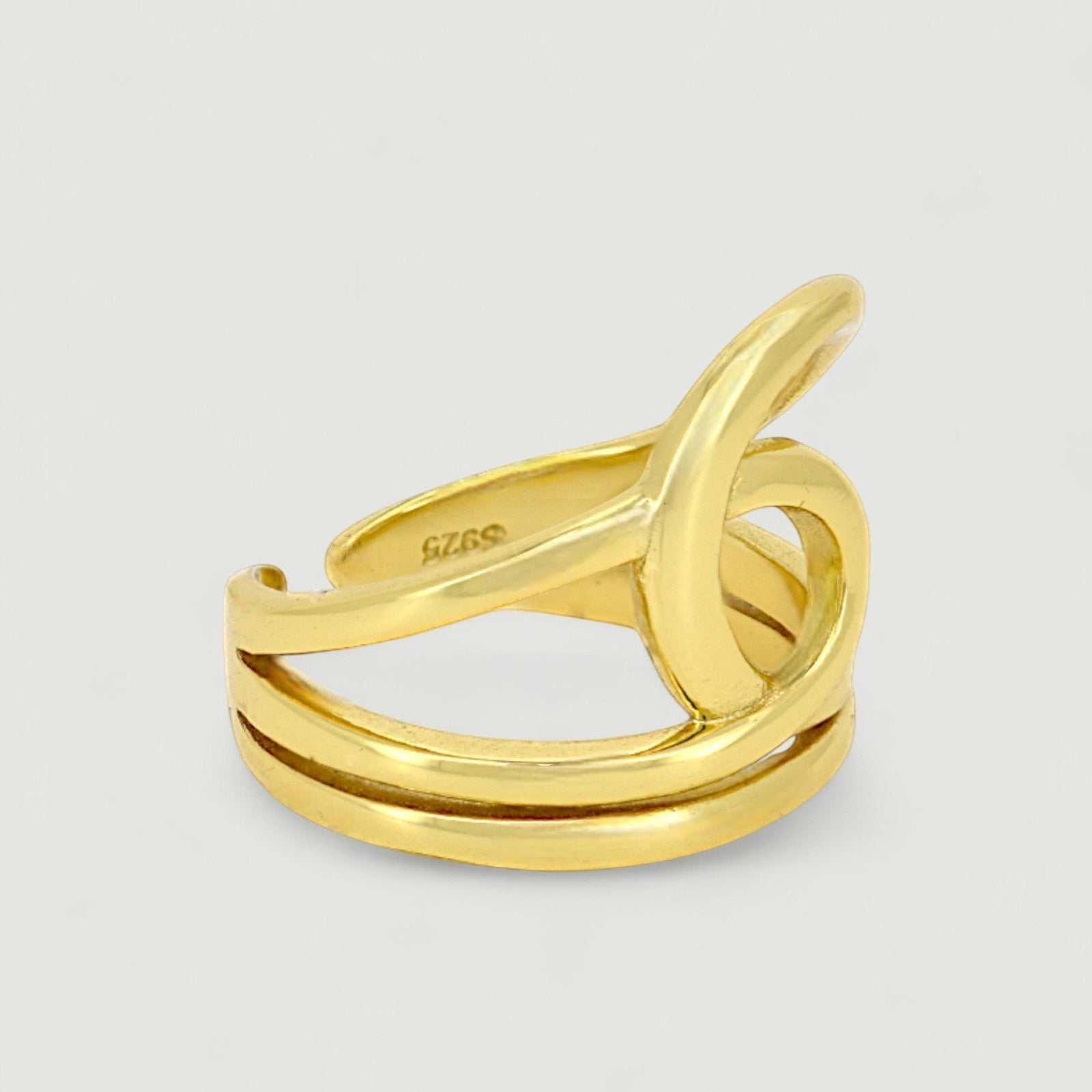 Amara Jewels gold-plated 925 sterling silver ring with an open knot design. Adjustable.