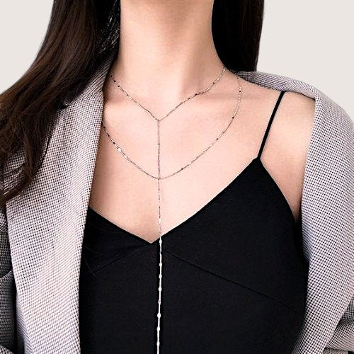 Amara Jewels gold lariat necklace with a Y-shaped chain and delicate bead accents, 925 sterling silver.