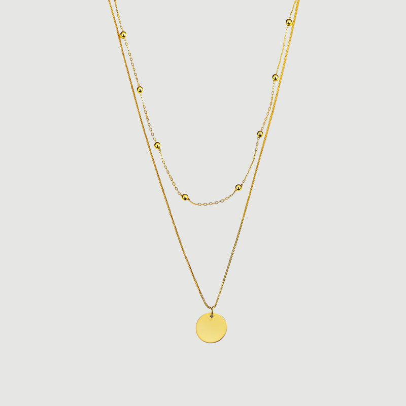 Amara Jewels gold-plated sterling silver layered necklace with bead chain and disc charm.