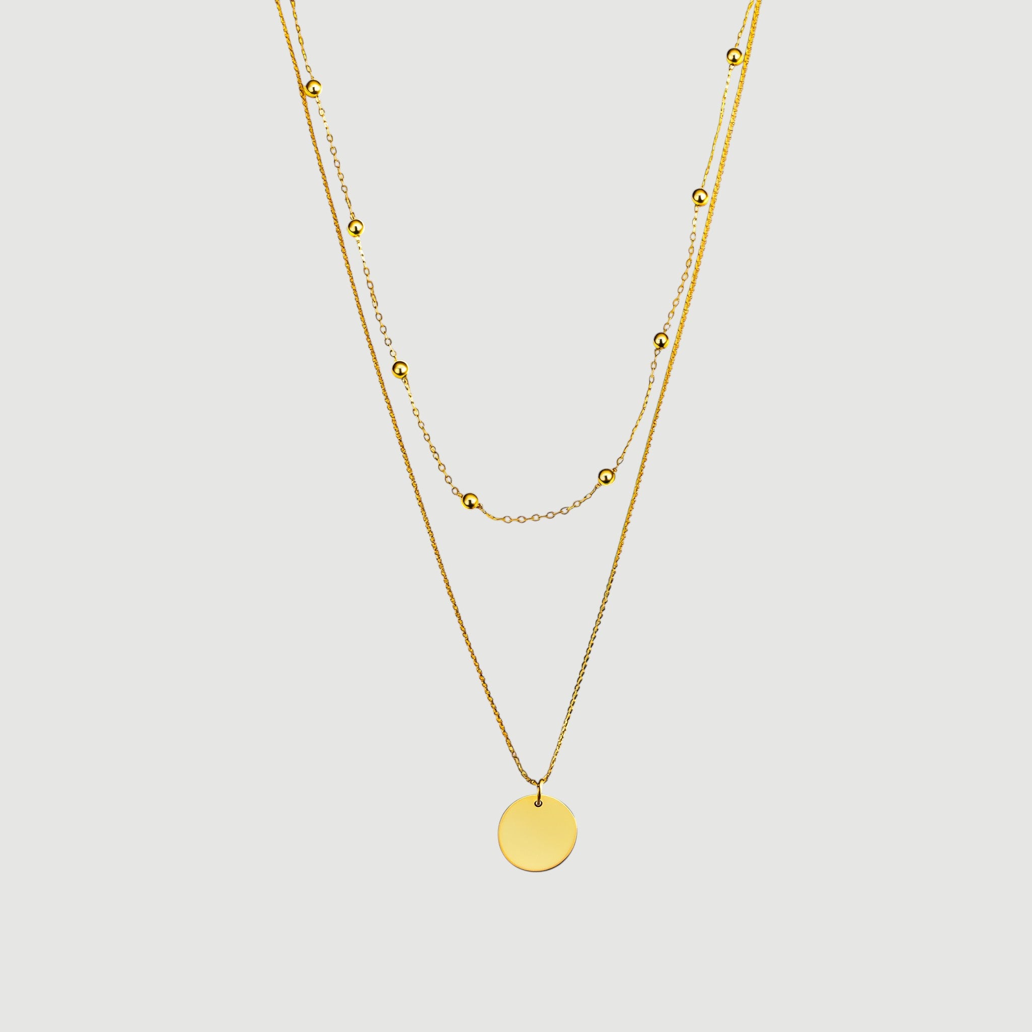 Amara Jewels gold-plated sterling silver layered necklace with bead chain and disc charm.