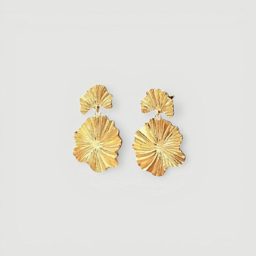 Amara Jewels gold-plated sterling silver leaf drop earrings with layered, textured design.