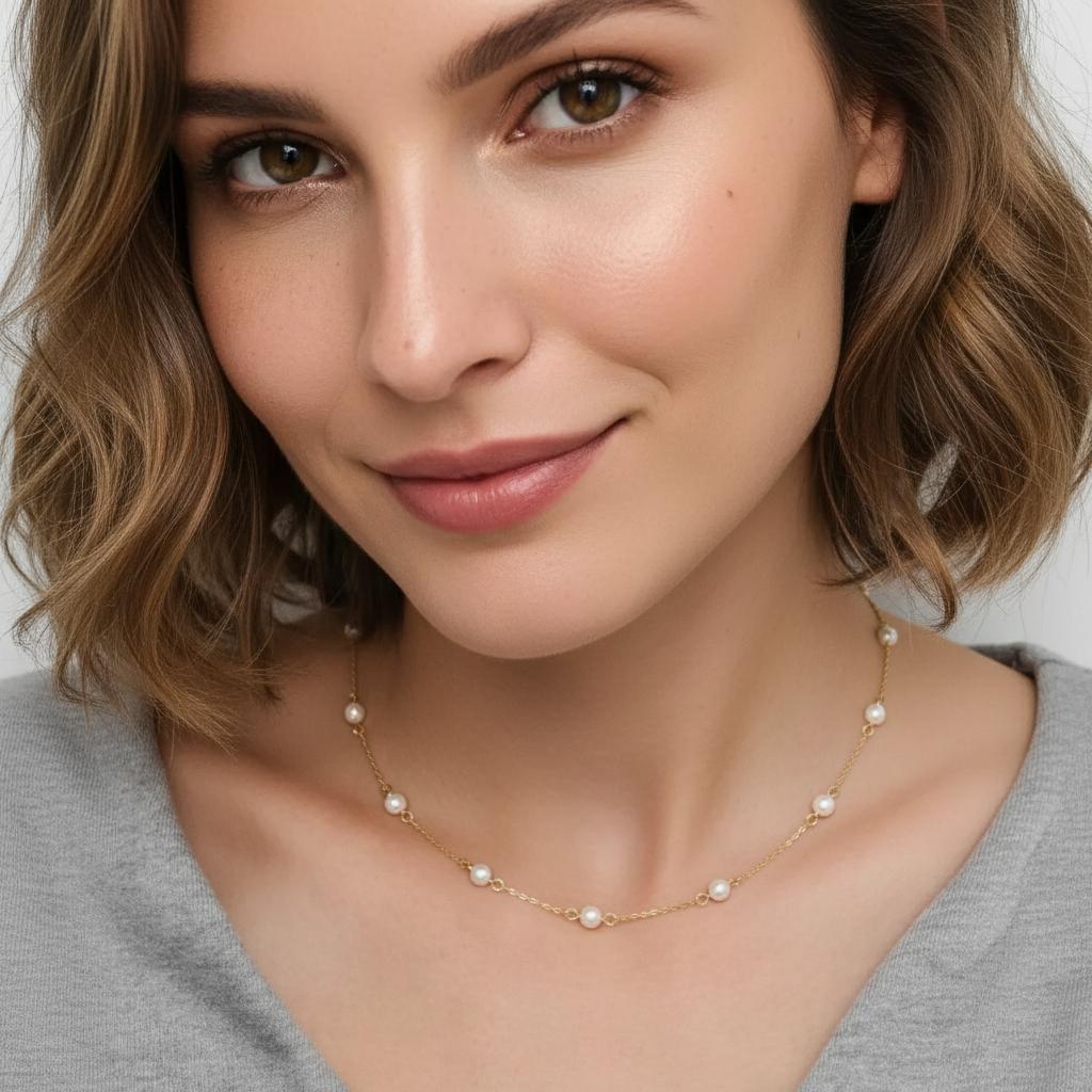 Amara Jewels 18K gold-plated sterling silver necklace with luminous pearl stations on a fine chain.