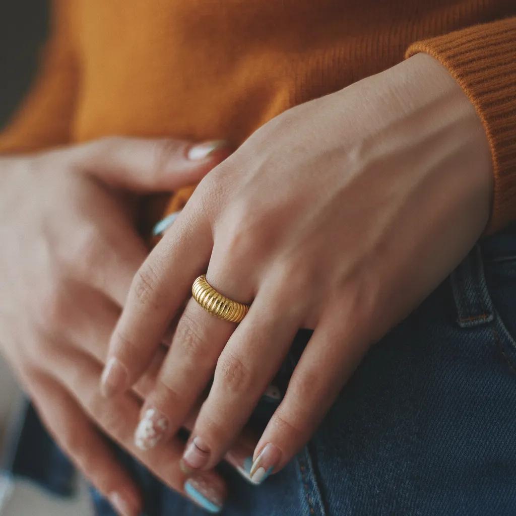 Amara Jewels gold-plated 925 sterling silver ribbed statement ring with adjustable fit.