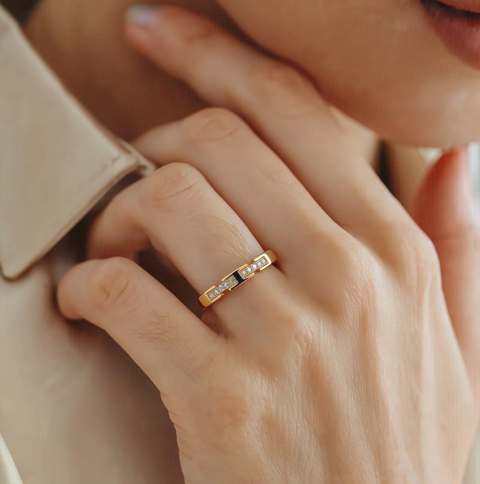 Amara Jewels minimalist gold stacking ring with white zircon stones, crafted from 18K gold plated sterling silver.1