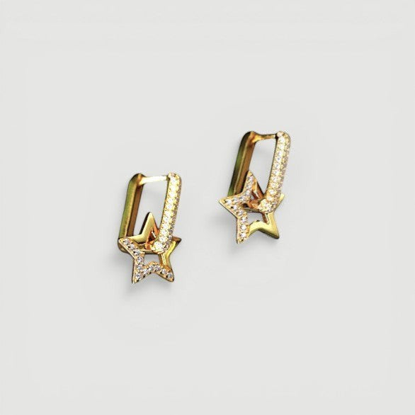 Amara Jewels gold-plated sterling silver hoop earrings with star motif adorned with cubic zirconia stones.