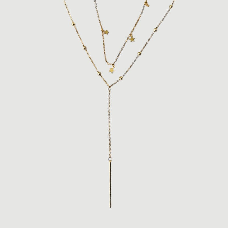 Amara Jewels gold finish sterling silver lariat necklace with star charms and bead accents, featuring a bar drop.
