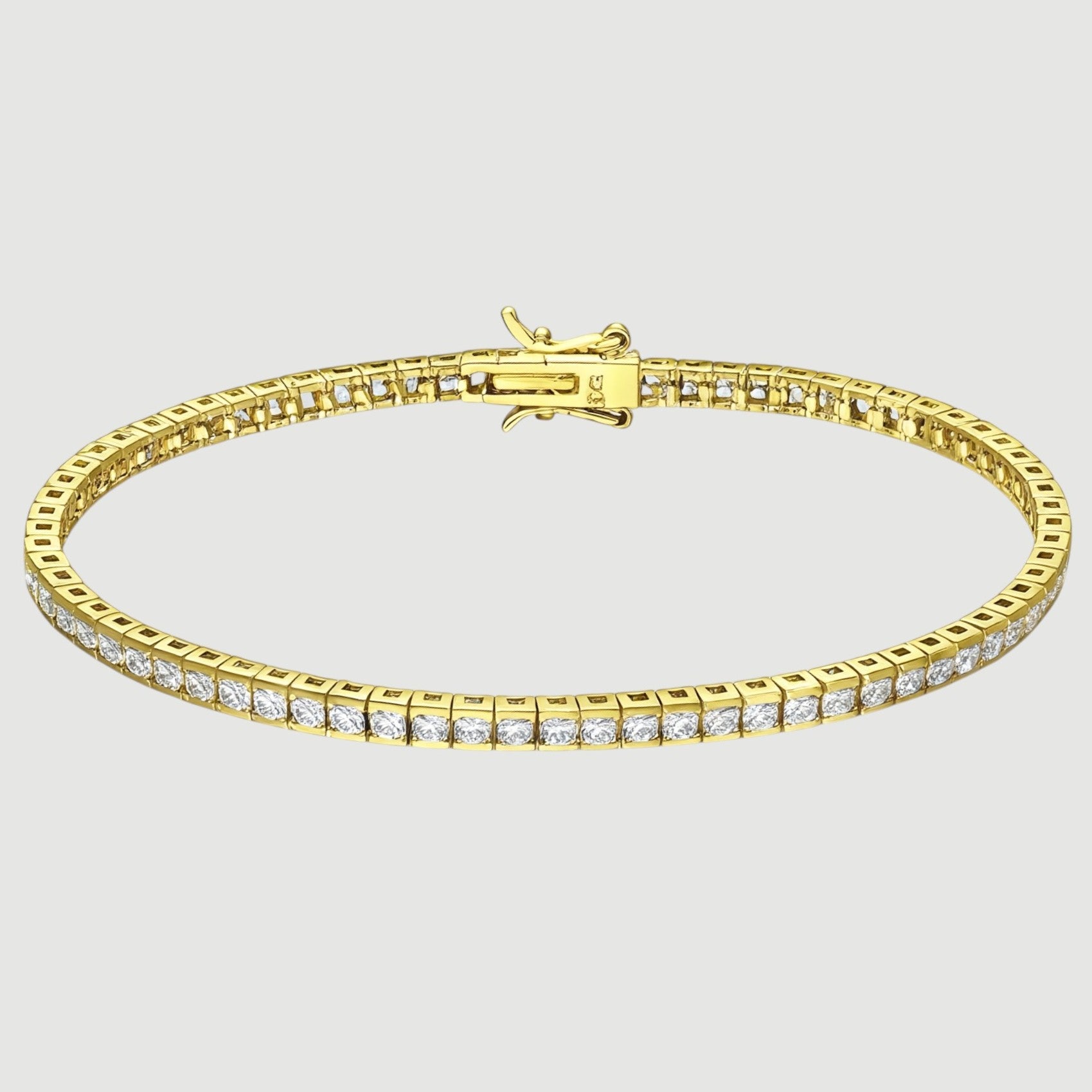Amara Jewels elegant gold tennis bracelet with sparkling square stones on sterling silver with gold finish.