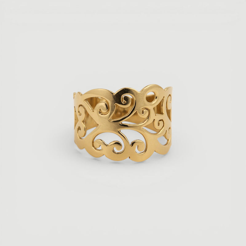 Amara Jewels elegant gold filigree ring, 18K gold vermeil over sterling silver with intricate openwork design.