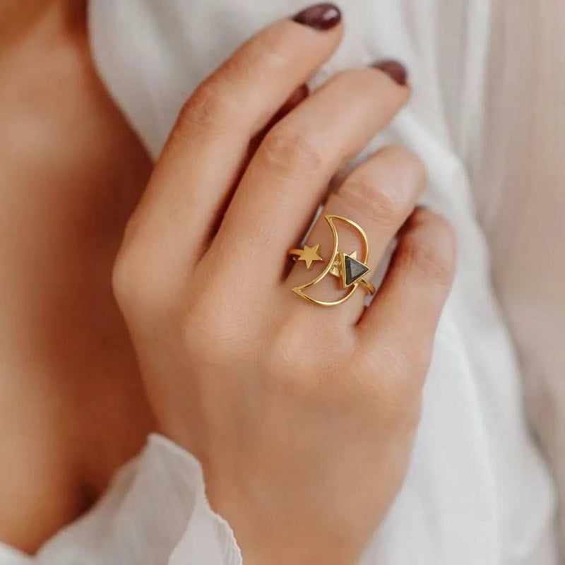 Amara Jewels gold vermeil ring with crescent moon, star, and triangular labradorite gemstone.