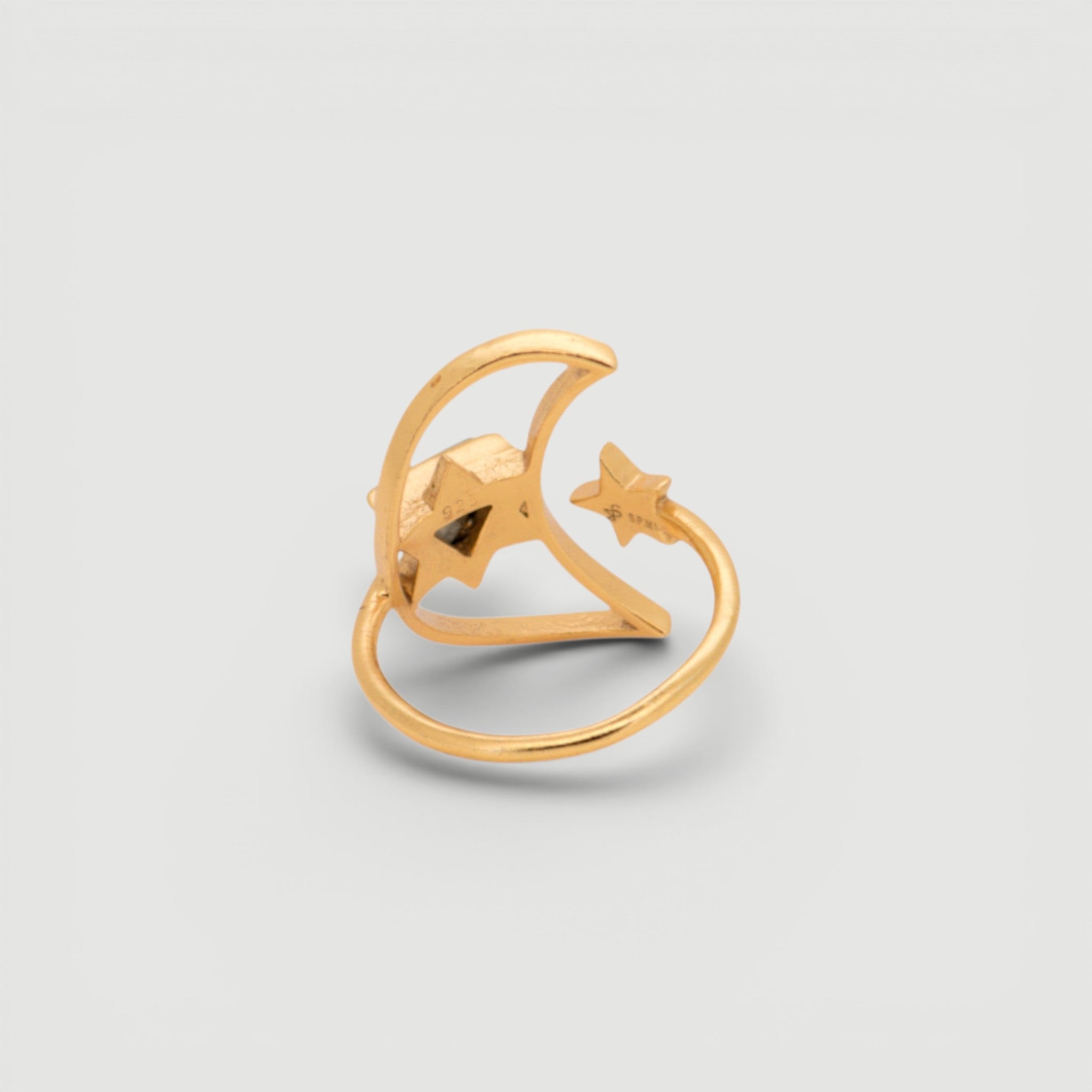 Amara Jewels gold vermeil ring with crescent moon, star, and triangular labradorite gemstone.
