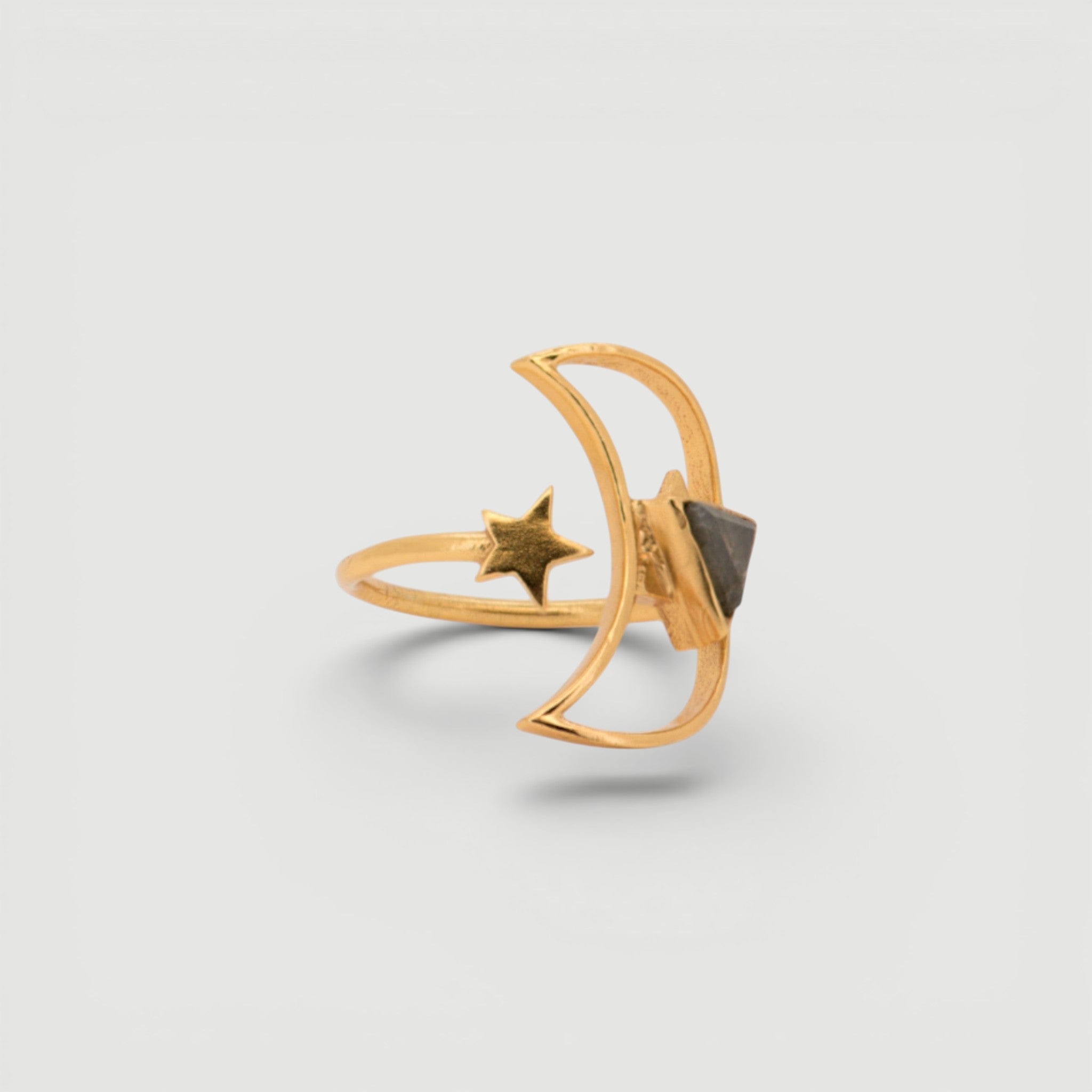 Amara Jewels gold vermeil ring with crescent moon, star, and triangular labradorite gemstone.