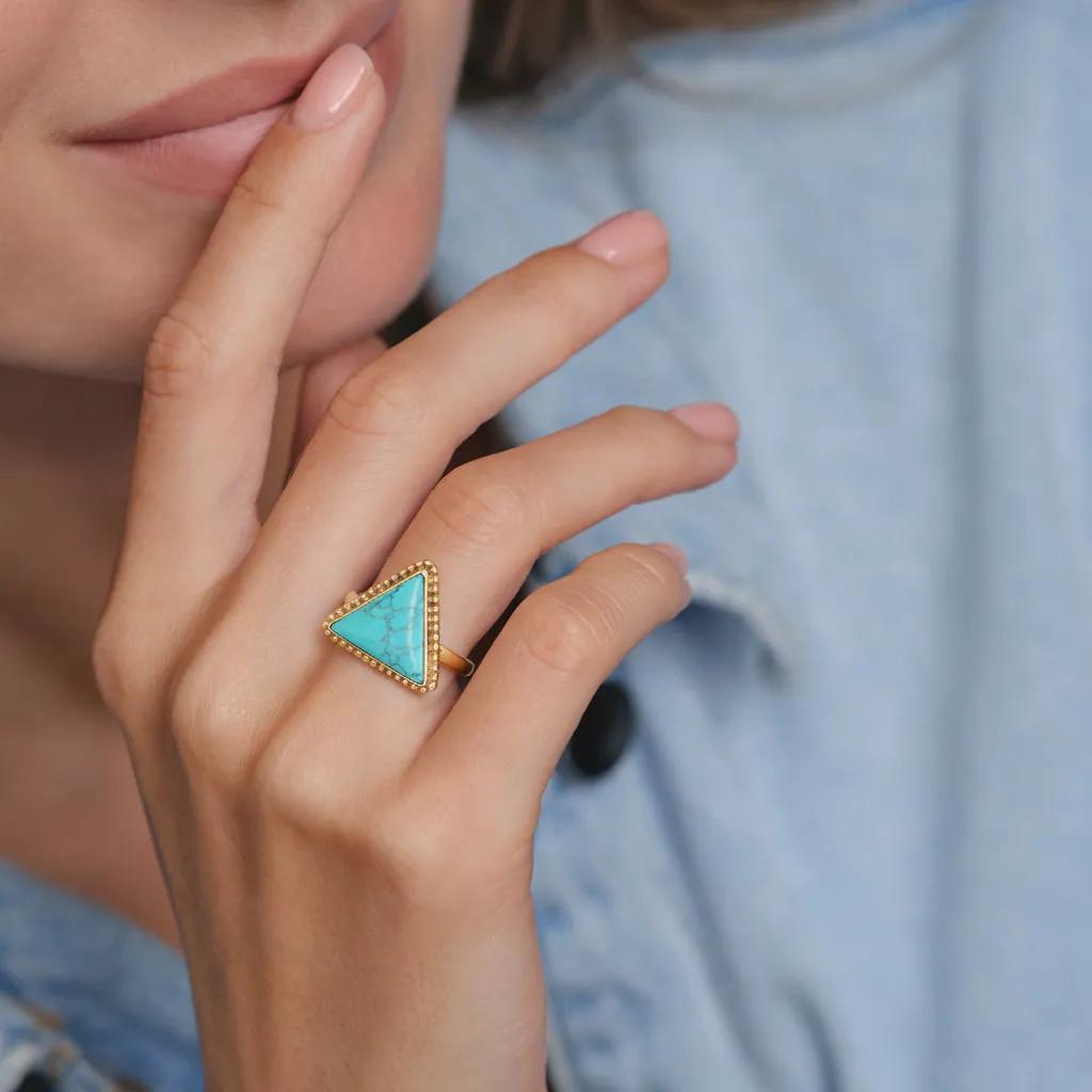 Amara Jewels gold-vermeil sterling silver ring with a triangle-cut turquoise gemstone, bohemian style.