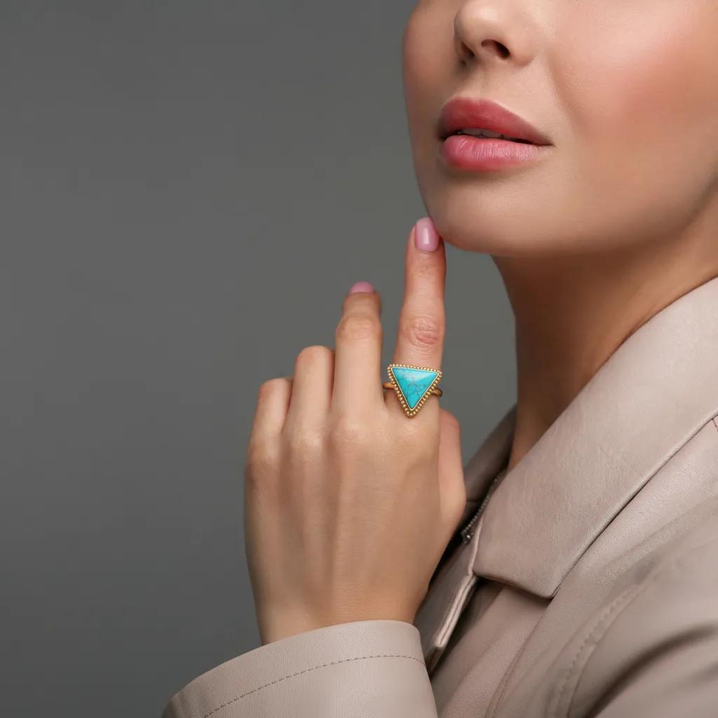 Amara Jewels gold-vermeil sterling silver ring with a triangle-cut turquoise gemstone, bohemian style.