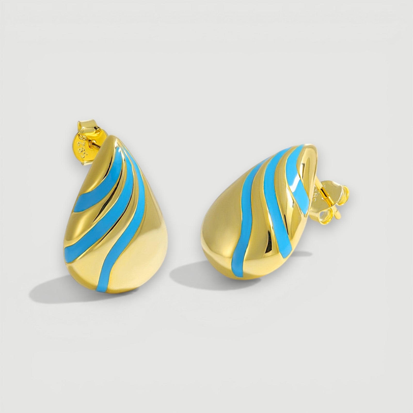 Amara Jewels gold-plated 925 sterling silver teardrop earrings with blue enamel wave pattern.