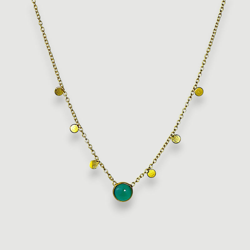 Amara Jewels green chalcedony charm necklace in 18K gold vermeil over sterling silver with coin charms.