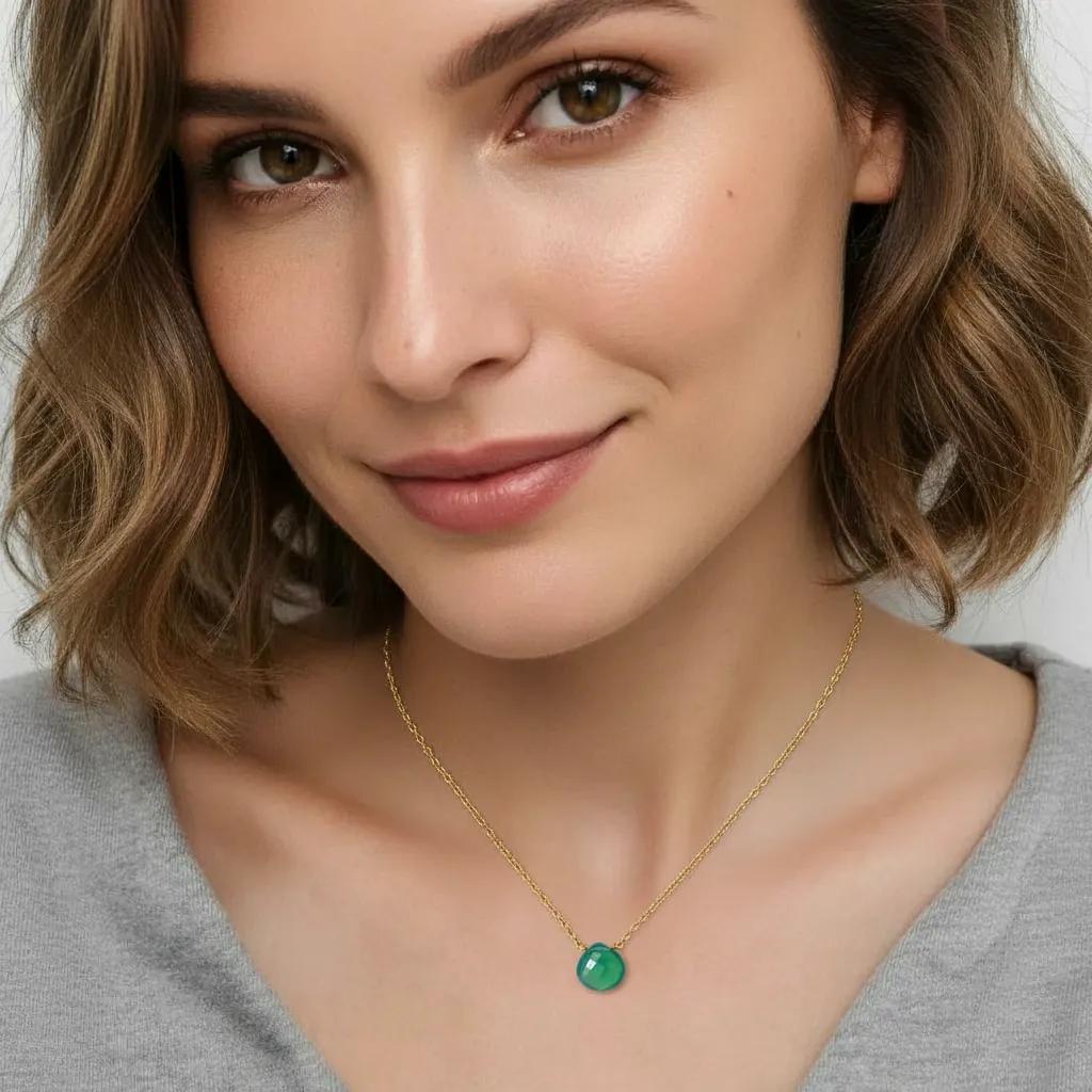 Amara Jewels 18K gold vermeil necklace with a faceted green chalcedony gemstone pendant.