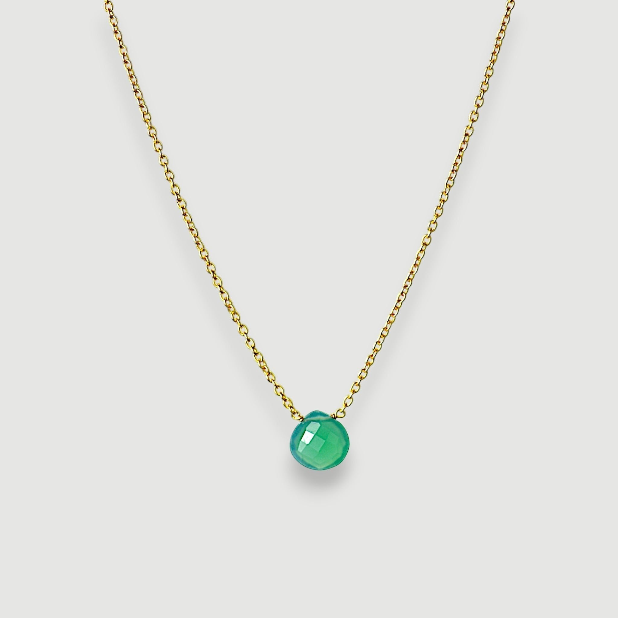 Amara Jewels 18K gold vermeil necklace with a faceted green chalcedony gemstone pendant.