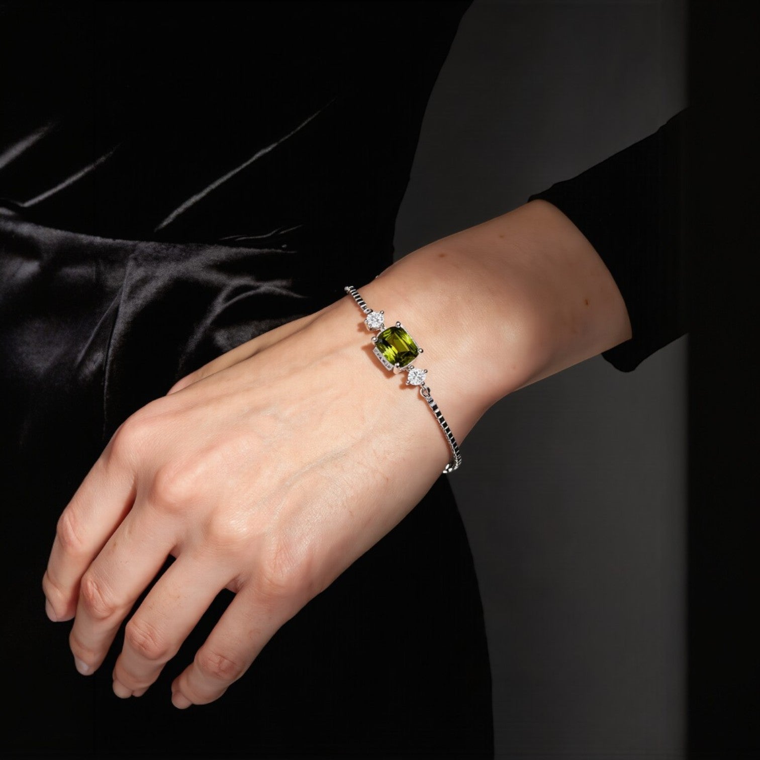 Amara Jewels elegant green gemstone 925 sterling silver bracelet with box chain and adjustable clasp.