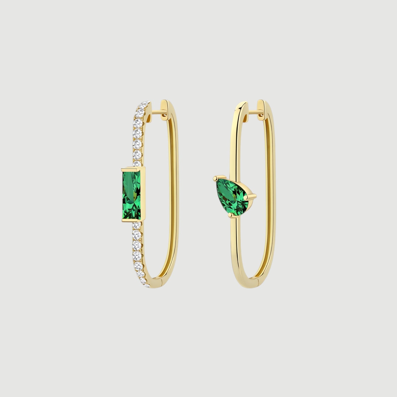 Amara Jewels gold-plated sterling silver hoop earrings with emerald green gemstones and clear CZ stones.