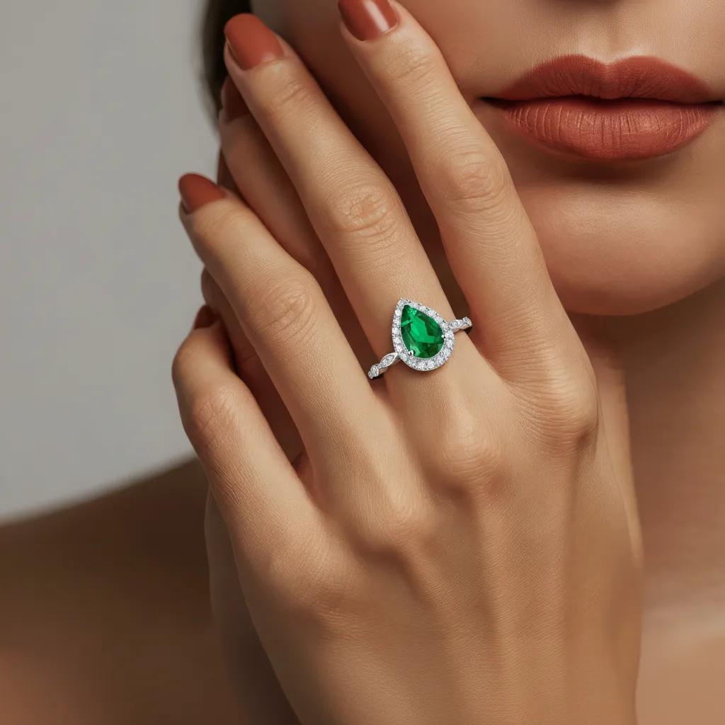 Amara Jewels sterling silver ring with a green teardrop gemstone surrounded by small clear stones. Intricate detailing on band.