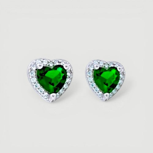 Amara Jewels green heart stud earrings with clear cubic zirconia halo, crafted from sterling silver.