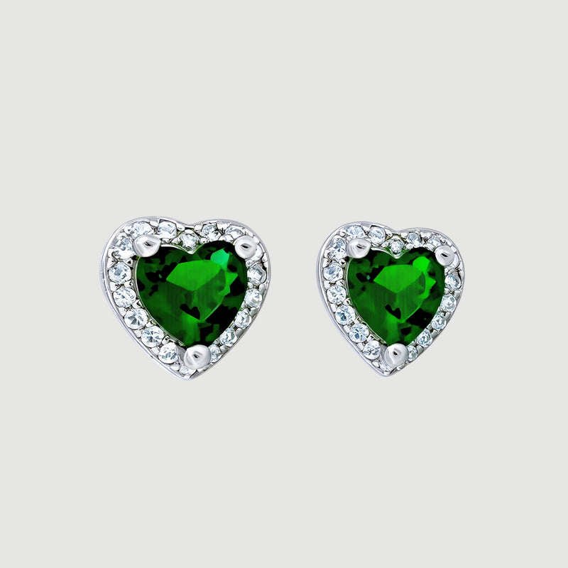 Amara Jewels green heart stud earrings with clear cubic zirconia halo, crafted from sterling silver.