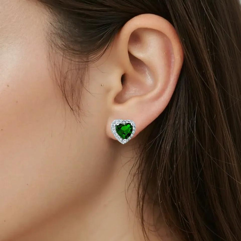 Amara Jewels green heart stud earrings with clear cubic zirconia halo, crafted from sterling silver.